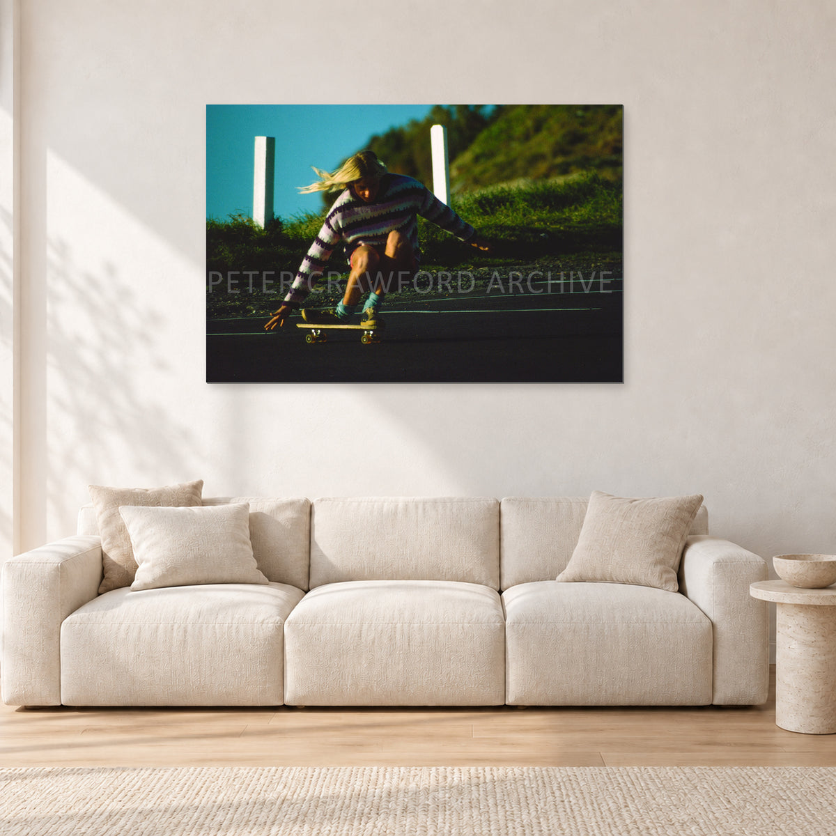 Russel Lewis Skate DY by Peter Crawford — 120 × 80 cm, aluminium-mounted resin print, shown in a light minimalist living room.