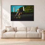 Russel Lewis Skate DY by Peter Crawford — 120 × 80 cm, black frame, shown in a light minimalist living room.