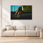 Russel Lewis Skate DY by Peter Crawford — 120 × 80 cm, white frame, shown in a light minimalist living room.