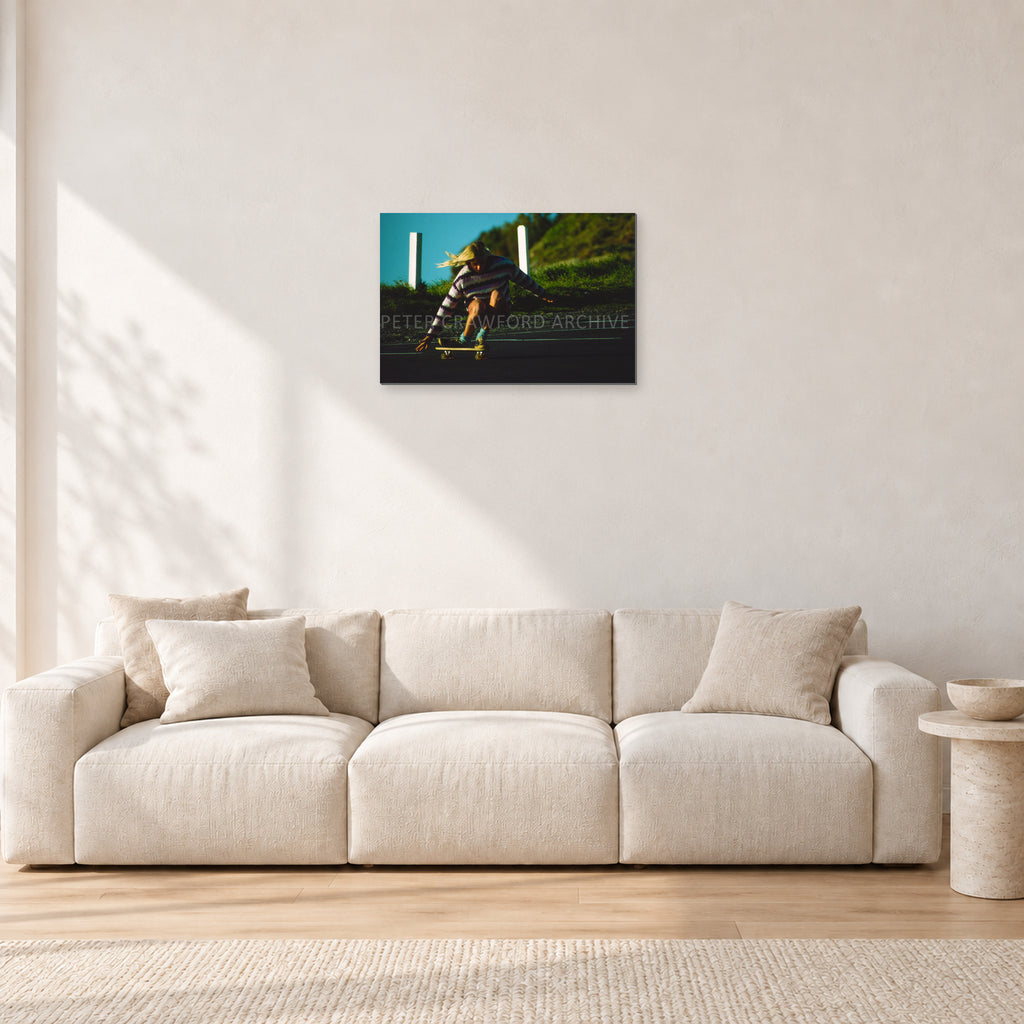Russel Lewis Skate DY by Peter Crawford — 60 × 40 cm, aluminium-mounted resin print, shown in a light minimalist living room.