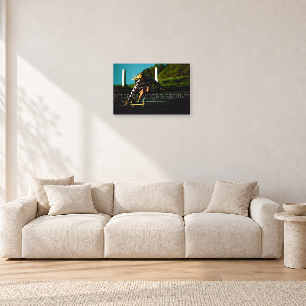 Russel Lewis Skate DY by Peter Crawford — 60 × 40 cm, aluminium-mounted resin print, shown in a light minimalist living room.
