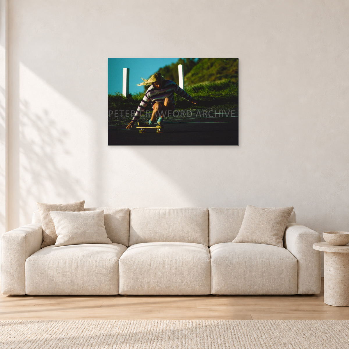 Russel Lewis Skate DY by Peter Crawford — 90 × 60 cm, aluminium-mounted resin print, shown in a light minimalist living room.