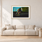 Russel Lewis Skate DY by Peter Crawford — 90 × 60 cm, hayseed frame with white mat, shown in a light minimalist living room.