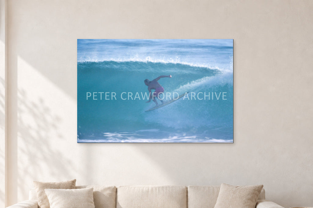 Russell L, Surf Study by Peter Crawford — 120 × 80 cm, aluminium-mounted resin print, shown in a light minimalist living room.