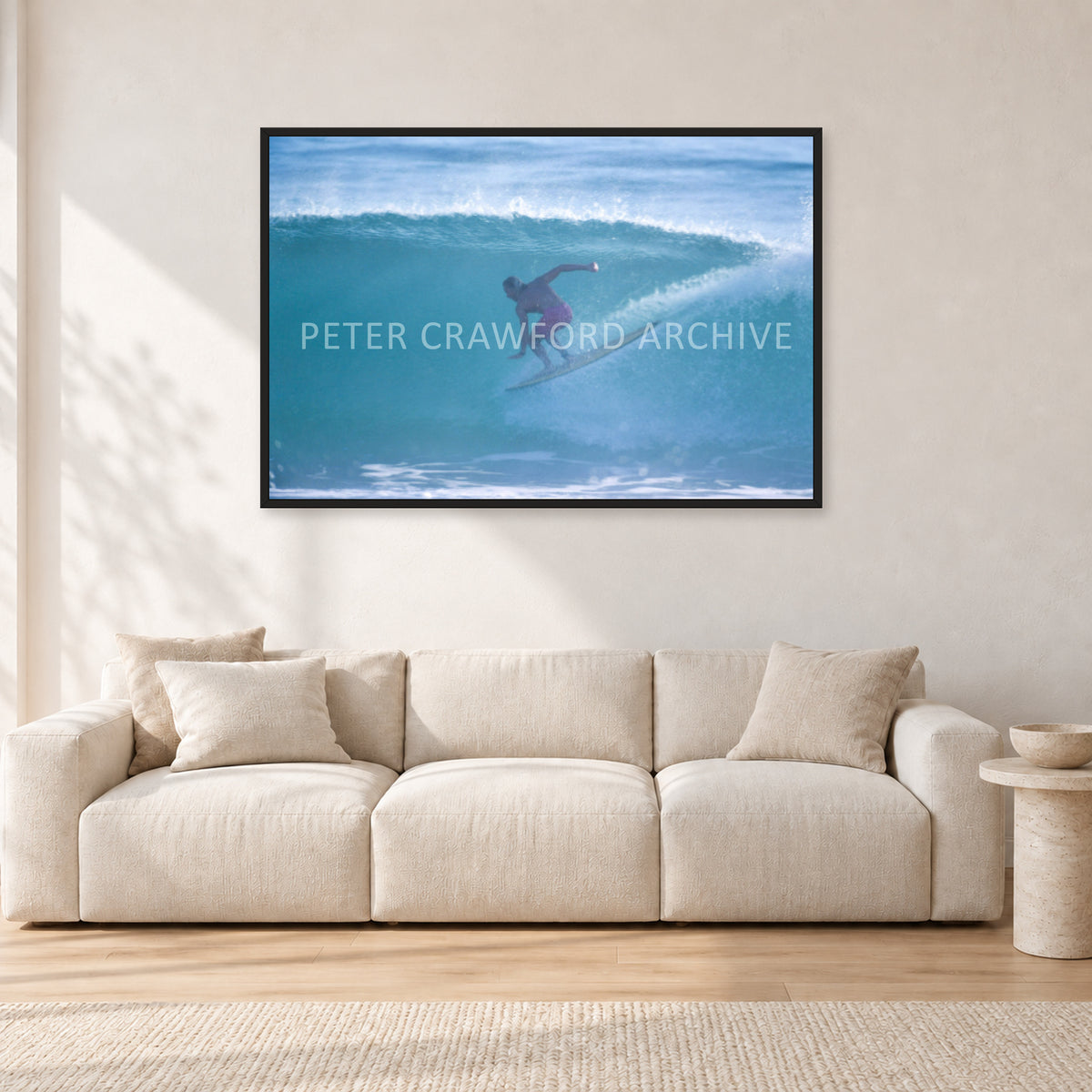 Russell L, Surf Study by Peter Crawford — 120 × 80 cm, black frame, shown in a light minimalist living room.