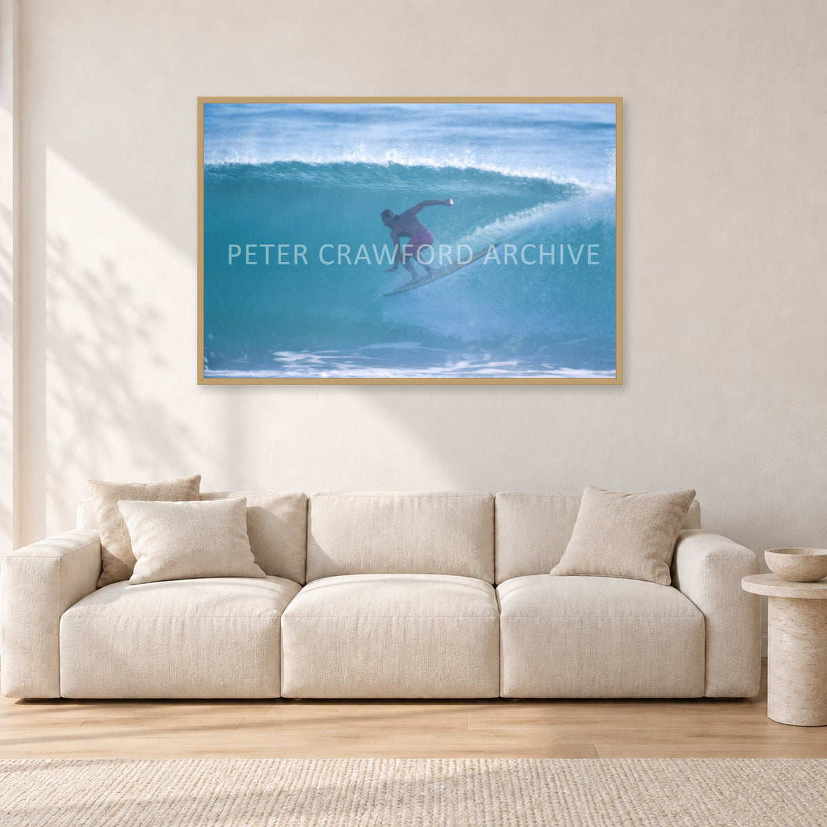 Russell L, Surf Study by Peter Crawford — 120 × 80 cm, hayseed frame, shown in a light minimalist living room.