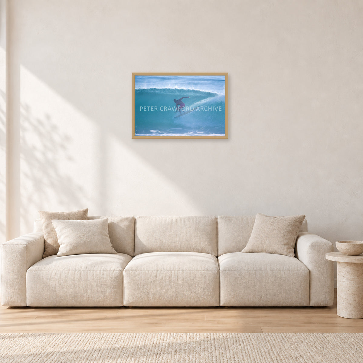 Russell L, Surf Study by Peter Crawford — 60 × 40 cm, hayseed frame, shown in a light minimalist living room.