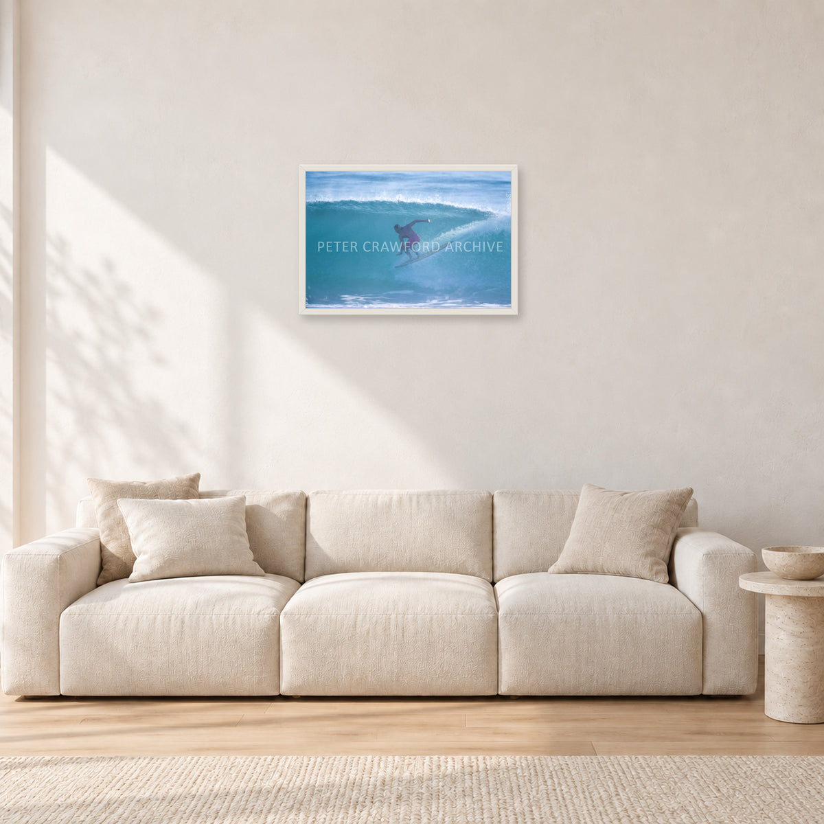 Russell L, Surf Study by Peter Crawford — 60 × 40 cm, white frame, shown in a light minimalist living room.
