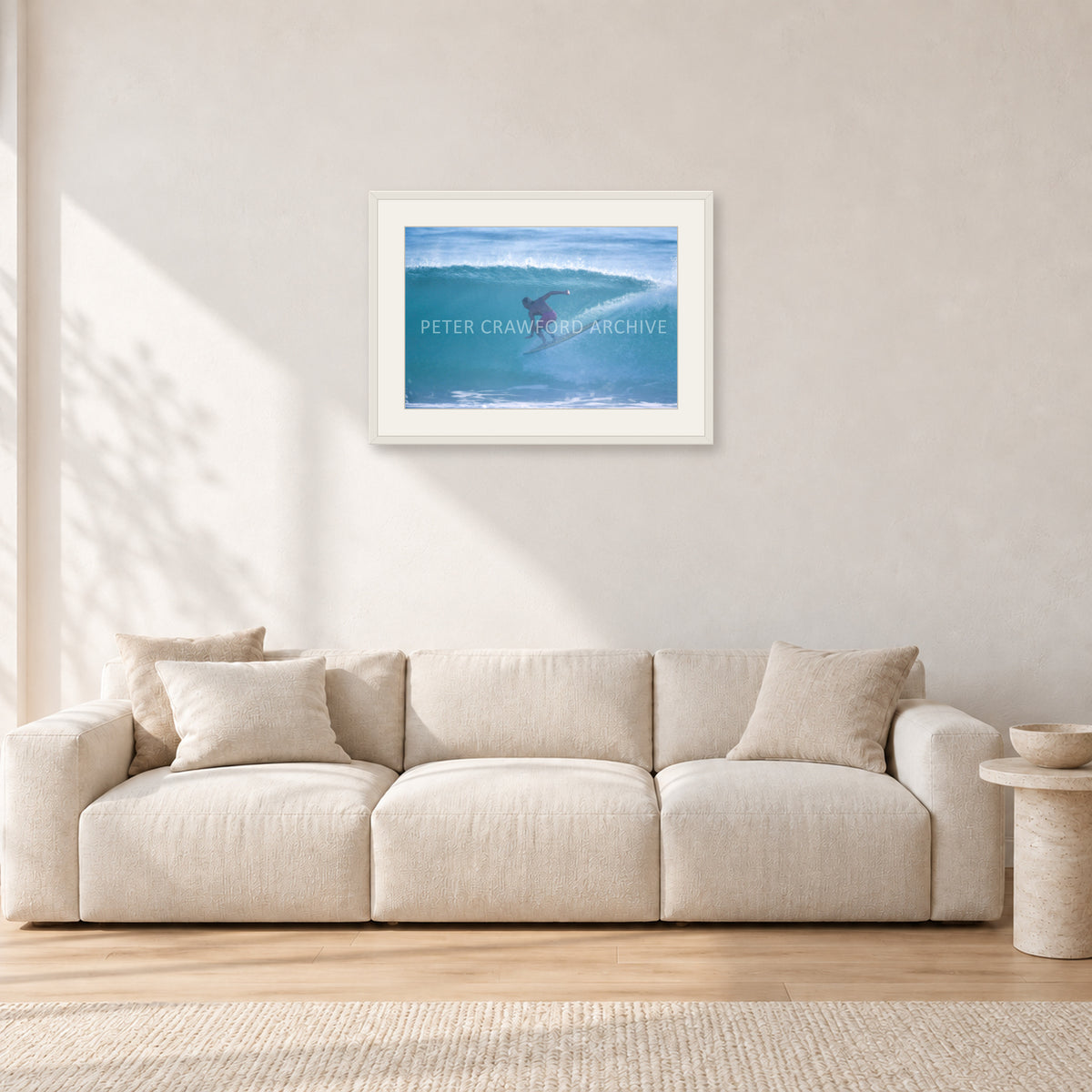 Russell L, Surf Study by Peter Crawford — 60 × 40 cm, white frame with white mat, shown in a light minimalist living room.