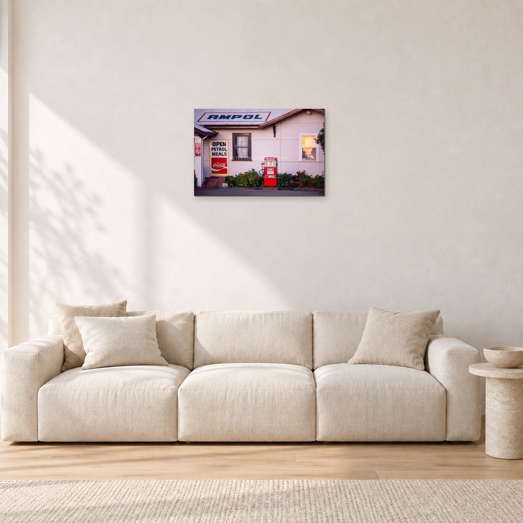 Seventies Petrol Station, 1970 by Peter Crawford — 60 × 40 cm, aluminium-mounted resin print, shown in a light minimalist living room.