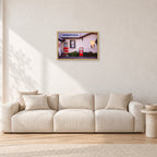 Seventies Petrol Station, 1970 by Peter Crawford — 60 × 40 cm, hayseed frame, shown in a light minimalist living room.