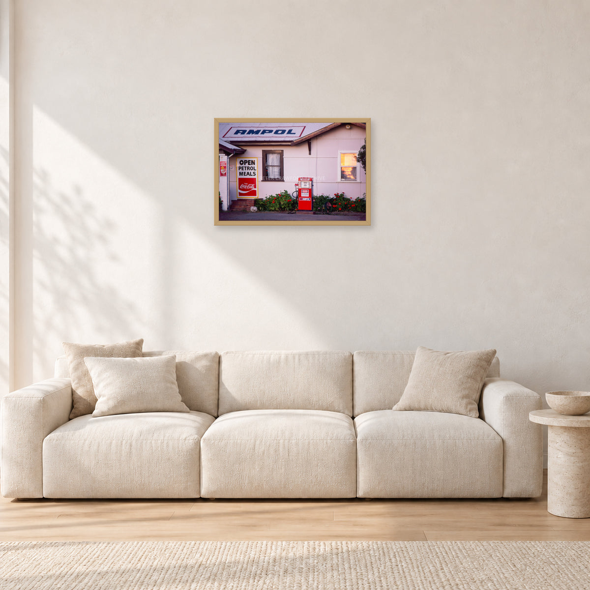 Seventies Petrol Station, 1970 by Peter Crawford — 60 × 40 cm, hayseed frame, shown in a light minimalist living room.