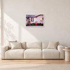 Seventies Petrol Station, 1970 by Peter Crawford — 60 × 40 cm, white frame, shown in a light minimalist living room.