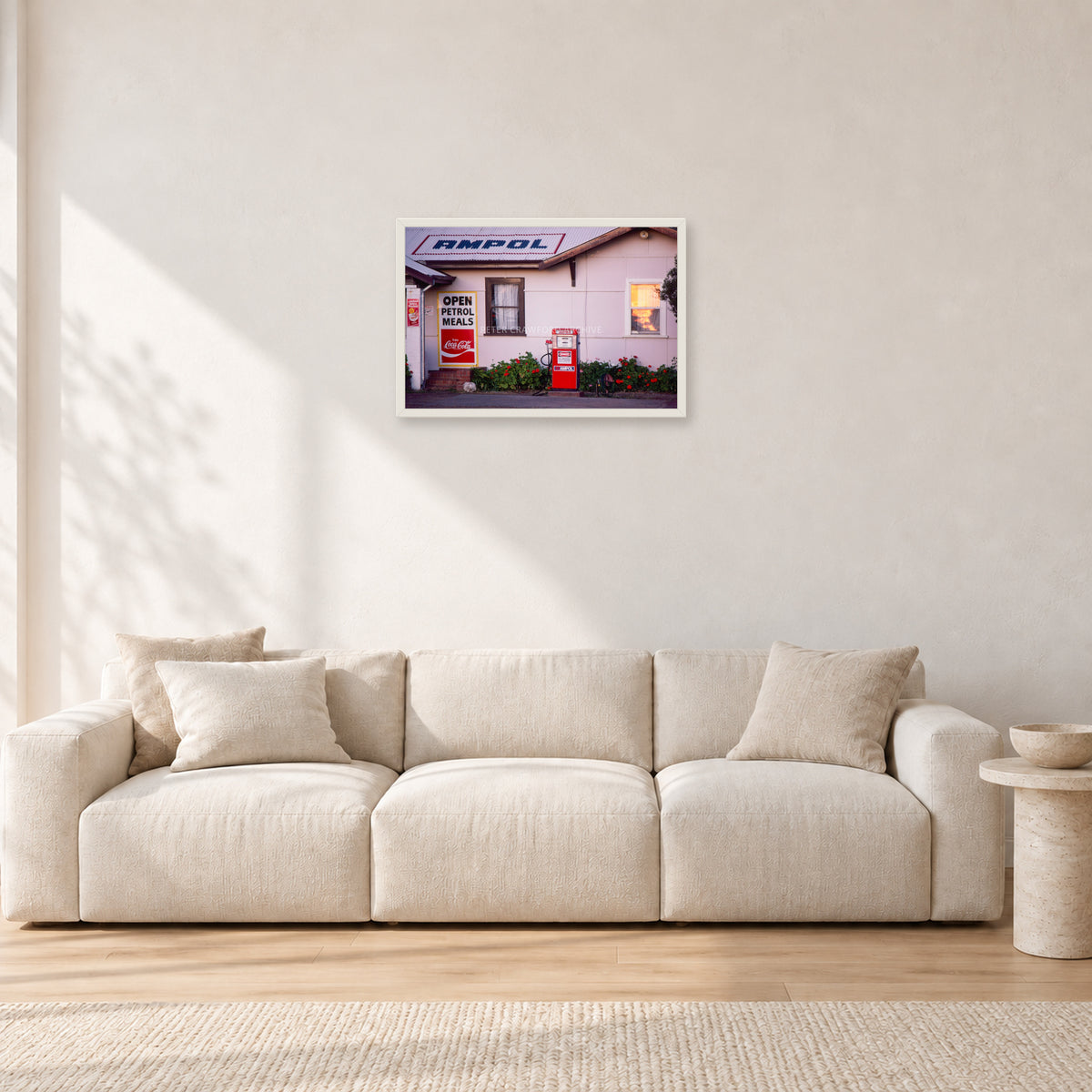 Seventies Petrol Station, 1970 by Peter Crawford — 60 × 40 cm, white frame, shown in a light minimalist living room.