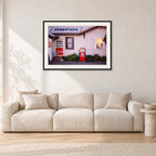 Seventies Petrol Station, 1970 by Peter Crawford — 90 × 60 cm, black frame with white mat, shown in a light minimalist living room.