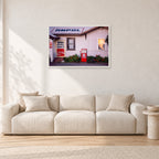 Seventies Petrol Station, 1970 by Peter Crawford — 90 × 60 cm, white frame, shown in a light minimalist living room.