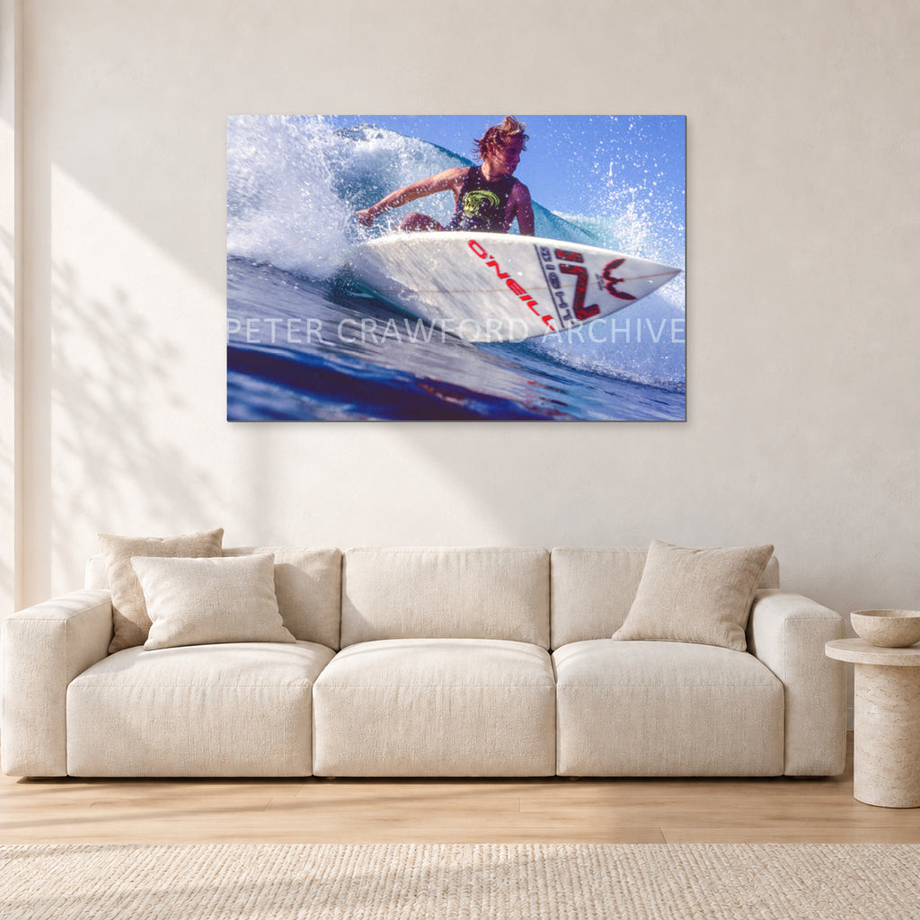 Shane Herring, Dee Why Point 1989 by Peter Crawford — 120 × 80 cm, aluminium-mounted resin print, shown in a light minimalist living room.