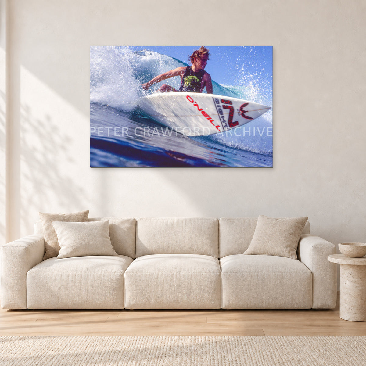 Shane Herring, Dee Why Point 1989 by Peter Crawford — 120 × 80 cm, aluminium-mounted resin print, shown in a light minimalist living room.