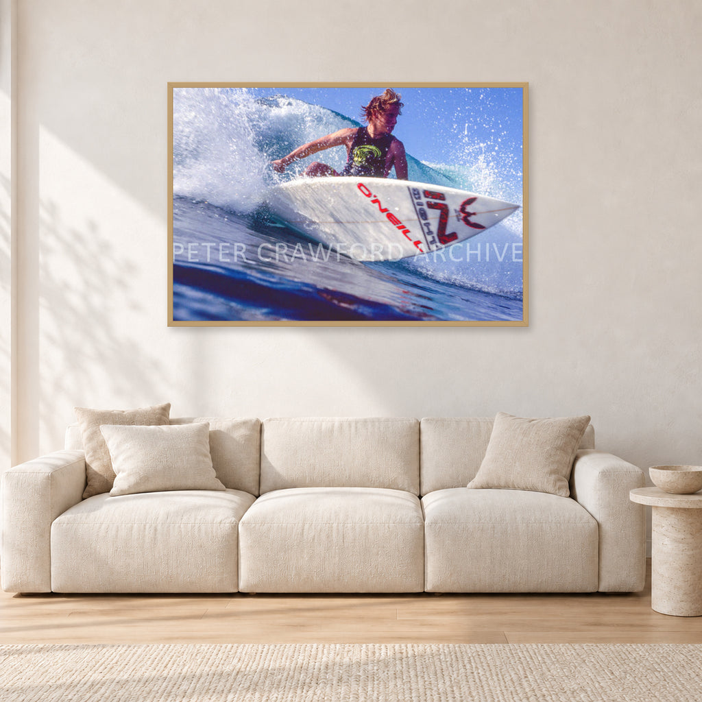 Shane Herring, Dee Why Point 1989 by Peter Crawford — 120 × 80 cm, hayseed frame, shown in a light minimalist living room.