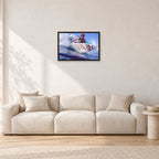 Shane Herring, Dee Why Point 1989 by Peter Crawford — 60 × 40 cm, black frame, shown in a light minimalist living room.