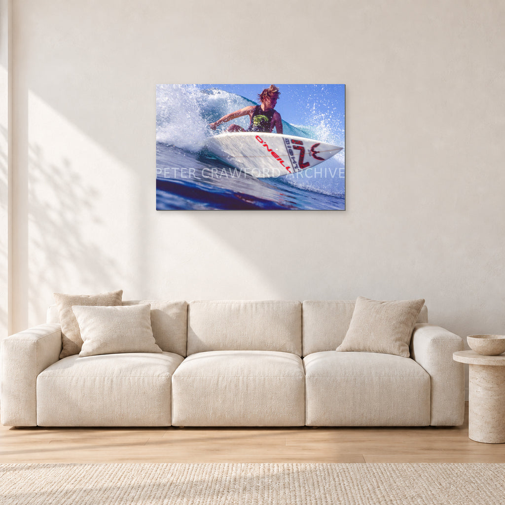 Shane Herring, Dee Why Point 1989 by Peter Crawford — 90 × 60 cm, aluminium-mounted resin print, shown in a light minimalist living room.