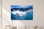 Shaun, Stubbies 1977 by Peter Crawford — 120 × 80 cm, aluminium-mounted resin print, shown in a light minimalist living room.