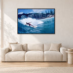 Shaun, Stubbies 1977 by Peter Crawford — 120 × 80 cm, black frame, shown in a light minimalist living room.