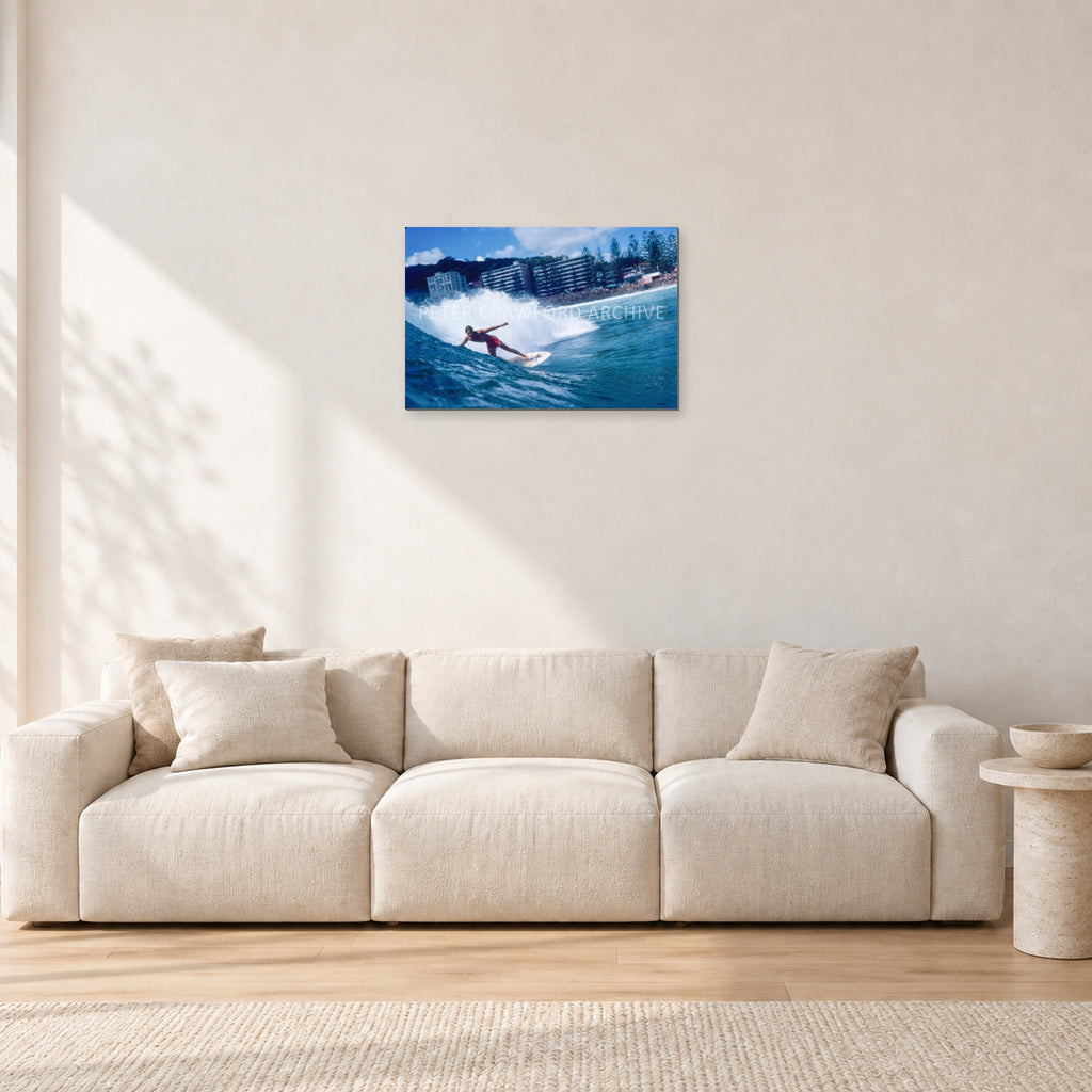 Shaun, Stubbies 1977 by Peter Crawford — 60 × 40 cm, aluminium-mounted resin print, shown in a light minimalist living room.
