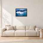 Shaun, Stubbies 1977 by Peter Crawford — 60 × 40 cm, black frame, shown in a light minimalist living room.