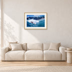 Shaun, Stubbies 1977 by Peter Crawford — 60 × 40 cm, hayseed frame with white mat, shown in a light minimalist living room.
