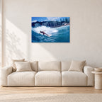 Shaun, Stubbies 1977 by Peter Crawford — 90 × 60 cm, aluminium-mounted resin print, shown in a light minimalist living room.