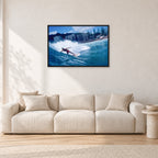 Shaun, Stubbies 1977 by Peter Crawford — 90 × 60 cm, black frame, shown in a light minimalist living room.