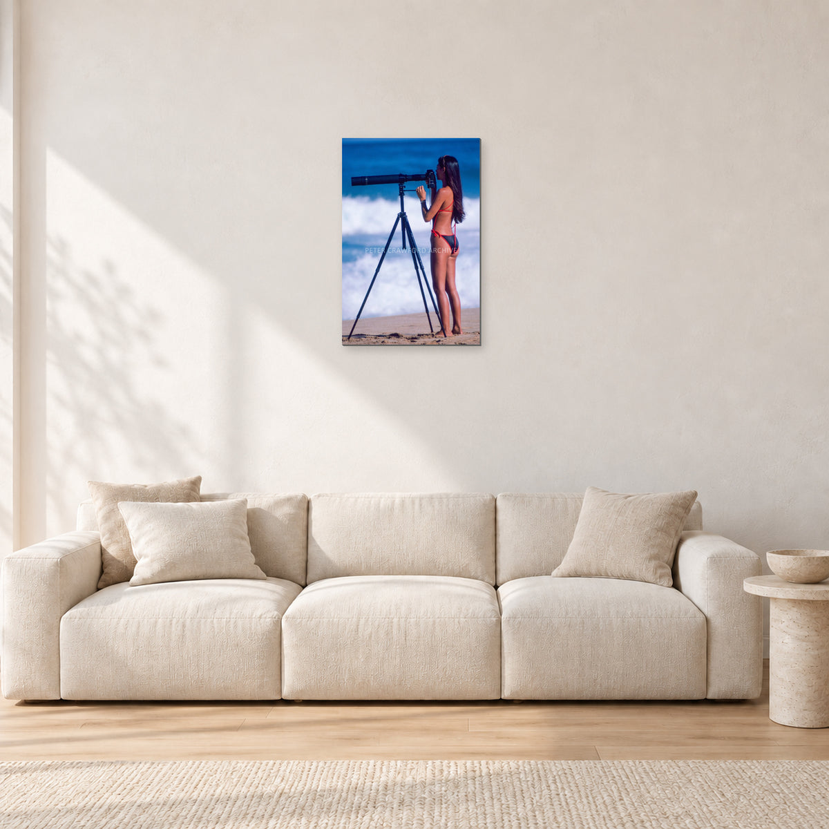 Shirley Jones, Pipeline 1982 by Peter Crawford — 40 × 60 cm, aluminium-mounted resin print, shown in a light minimalist living room.