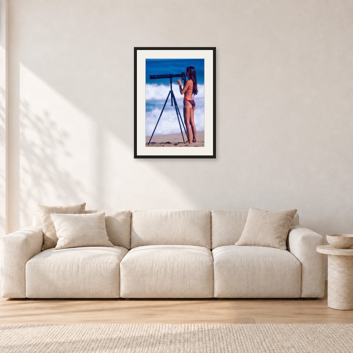 Shirley Jones, Pipeline 1982 by Peter Crawford — 40 × 60 cm, black frame with white mat, shown in a light minimalist living room.
