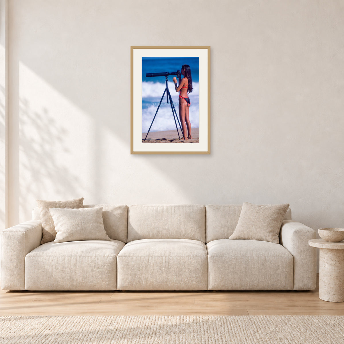 Shirley Jones, Pipeline 1982 by Peter Crawford — 40 × 60 cm, hayseed frame with white mat, shown in a light minimalist living room.