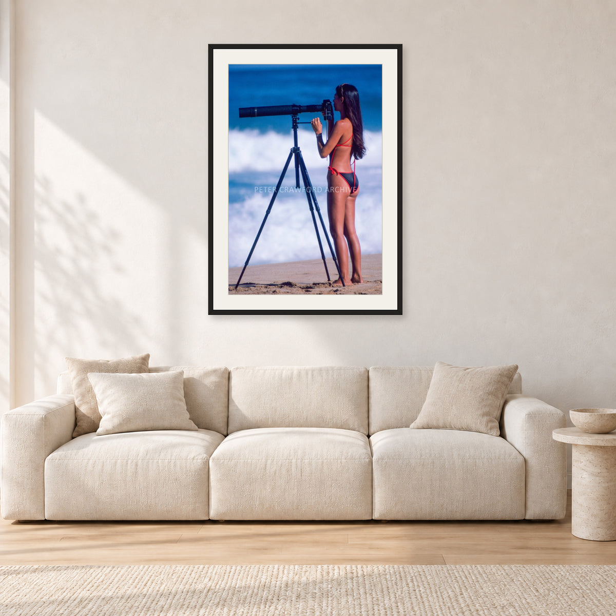 Shirley Jones, Pipeline 1982 by Peter Crawford — 60 × 90 cm, black frame with white mat, shown in a light minimalist living room.