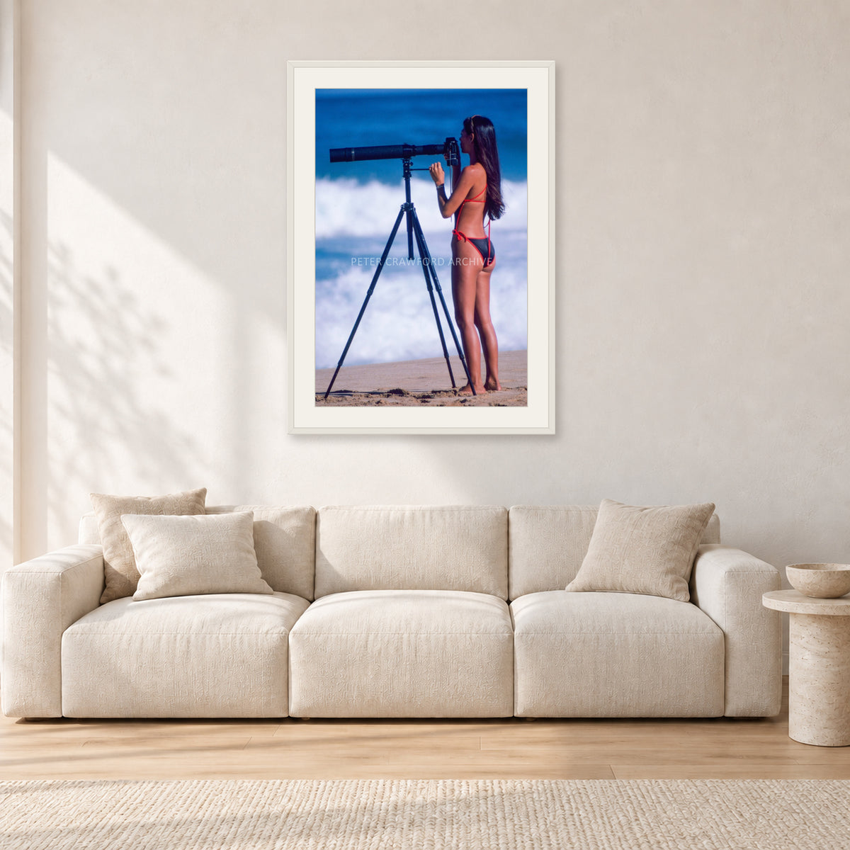 Shirley Jones, Pipeline 1982 by Peter Crawford — 60 × 90 cm, white frame with white mat, shown in a light minimalist living room.