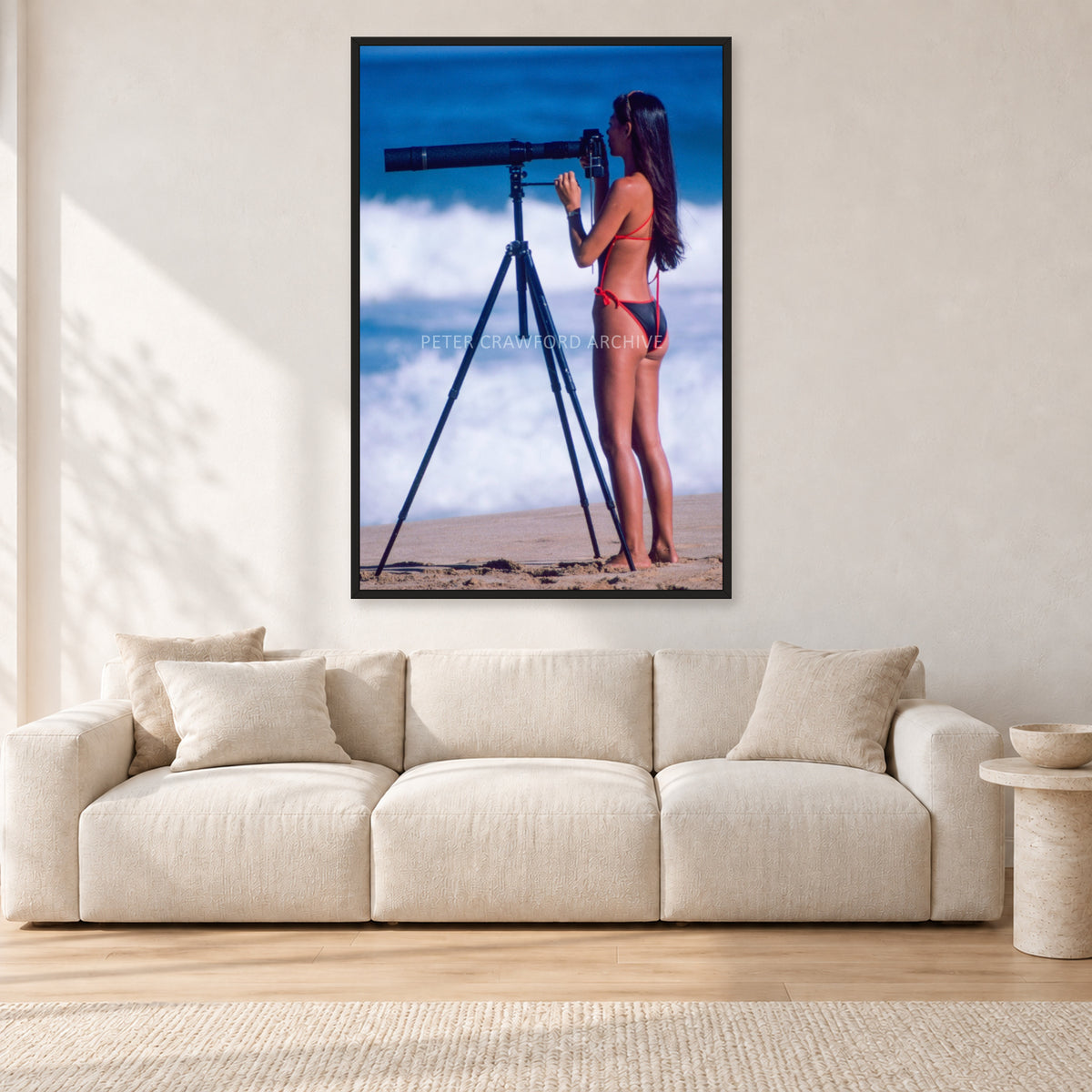 Shirley Jones, Pipeline 1982 by Peter Crawford — 80 × 120 cm, black frame, shown in a light minimalist living room.