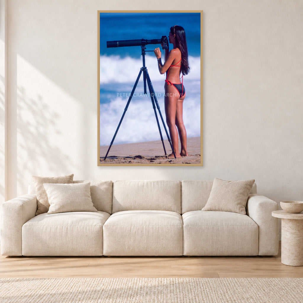 Shirley Jones, Pipeline 1982 by Peter Crawford — 80 × 120 cm, hayseed frame, shown in a light minimalist living room.