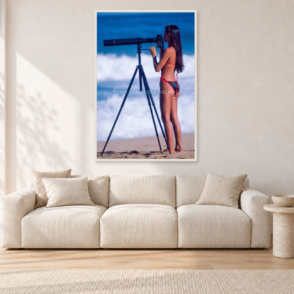 Shirley Jones, Pipeline 1982 by Peter Crawford — 80 × 120 cm, white frame, shown in a light minimalist living room.