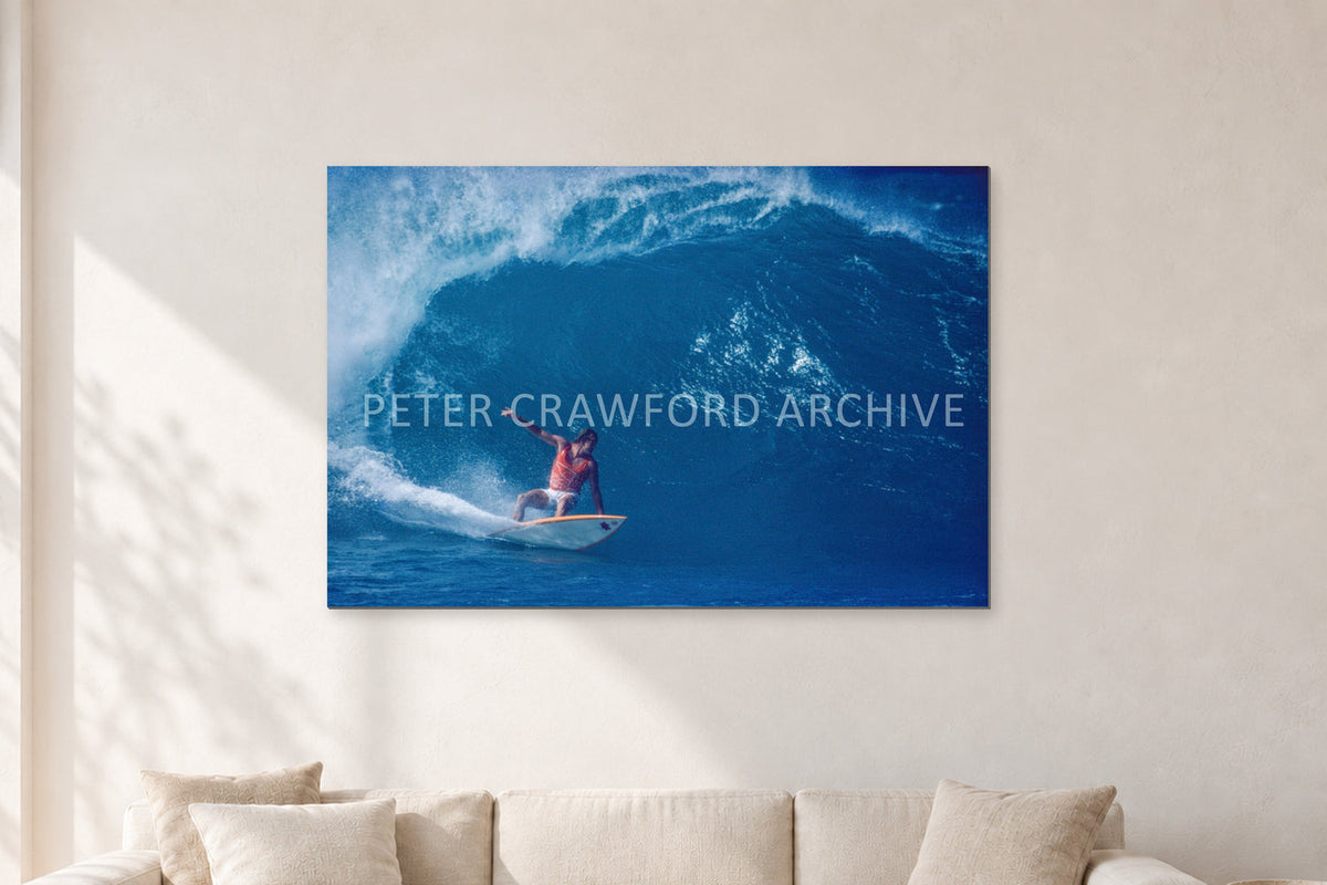 Simon Anderson, Pipeline 1981 by Peter Crawford — 120 × 80 cm, aluminium-mounted resin print, shown in a light minimalist living room.