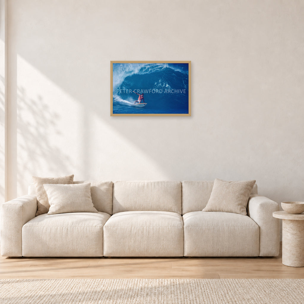 Simon Anderson, Pipeline 1981 by Peter Crawford — 60 × 40 cm, hayseed frame, shown in a light minimalist living room.