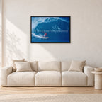 Simon Anderson, Pipeline 1981 by Peter Crawford — 90 × 60 cm, black frame, shown in a light minimalist living room.