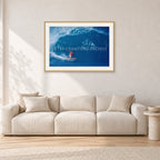 Simon Anderson, Pipeline 1981 by Peter Crawford — 90 × 60 cm, hayseed frame with white mat, shown in a light minimalist living room.
