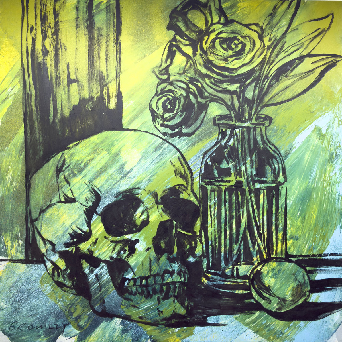 Skull Still Life by David Bromley: a skull and a vase of flowers in green and yellow tones.