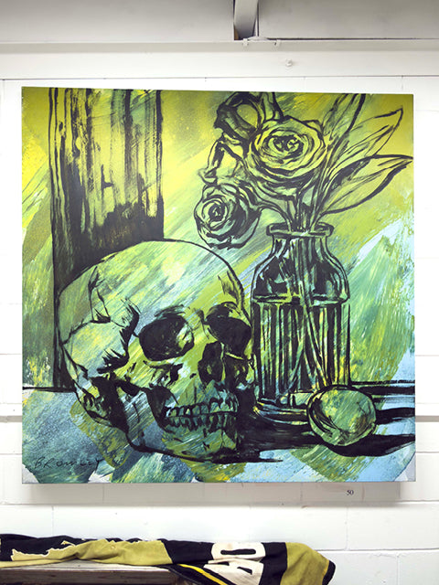 Skull Still Life by David Bromley: a skull and a vase of flowers in green and yellow tones — gallery view.