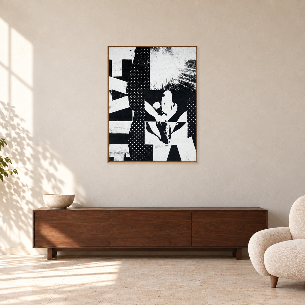 Steve Gorrow - FATE, 70 cm wide by 90 cm high, displayed to scale above a walnut console in a warm plaster room