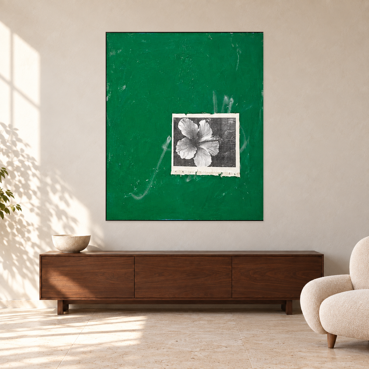 Steve Gorrow - HIGH BISCUS, 100 cm wide by 120 cm high, displayed to scale above a walnut console in a warm plaster room