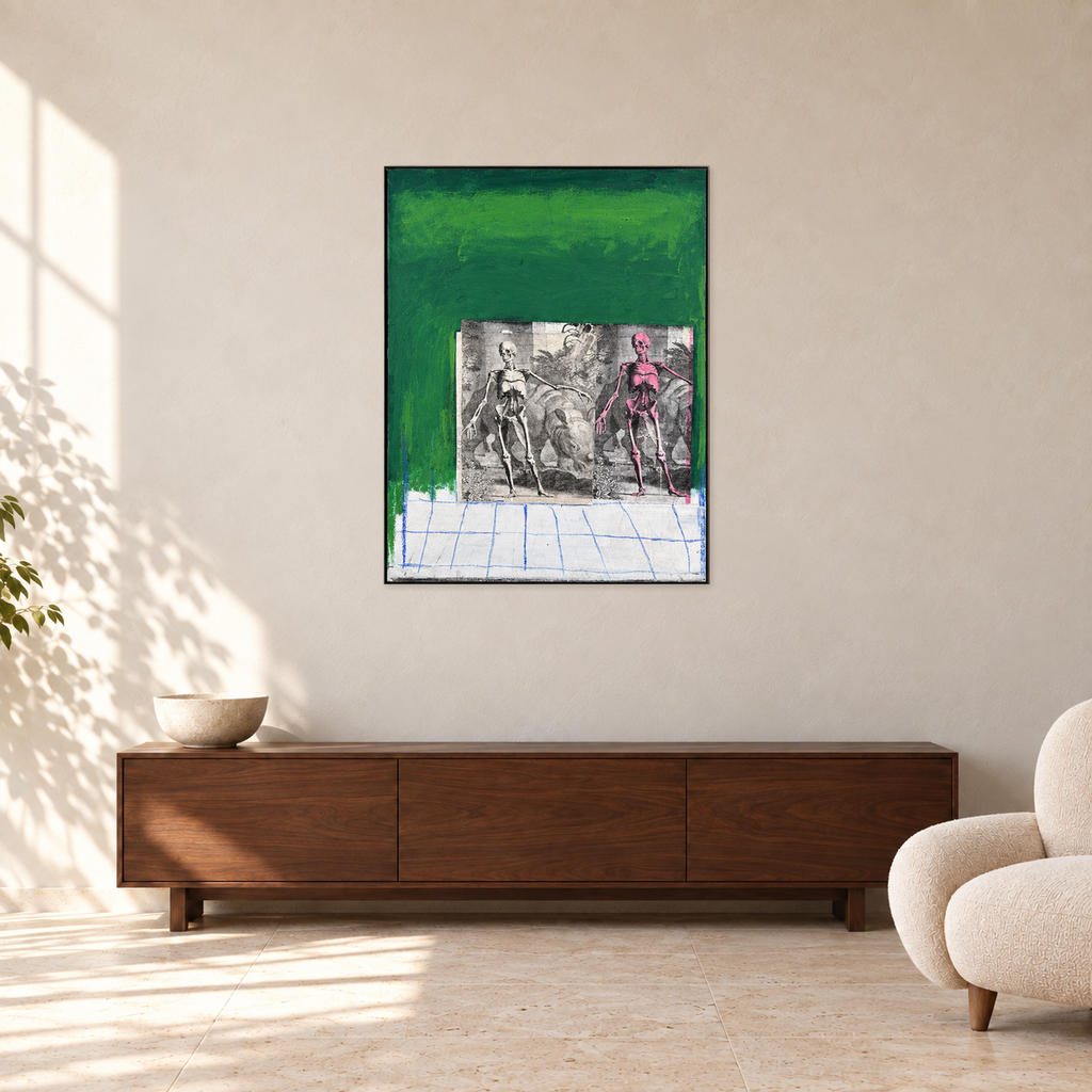 Steve Gorrow - ITS A JUNGLE OUT THERE, 70 cm wide by 90 cm high, displayed to scale above a walnut console in a warm plaster room