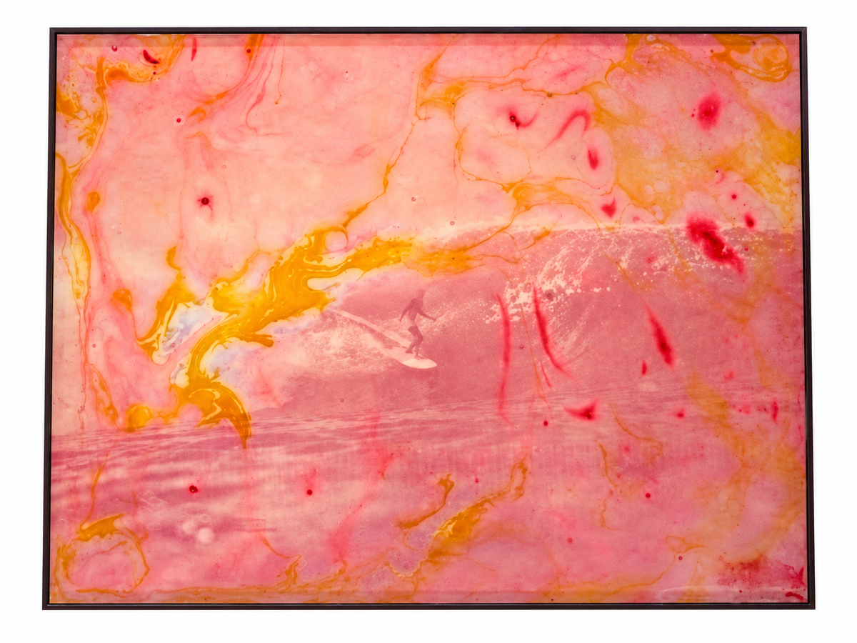 Gerry Lopez by Steve Gorrow: a surfer within pink, yellow and orange marbled textures.